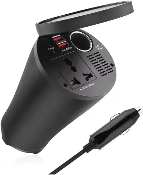 Car Power Inverter 12V DC to 220V AC 150W Cup Holder | Dual USB Ports, AC 220V Output, DC 12V Output, Cigarette Lighter Plug, Compact Cup Design