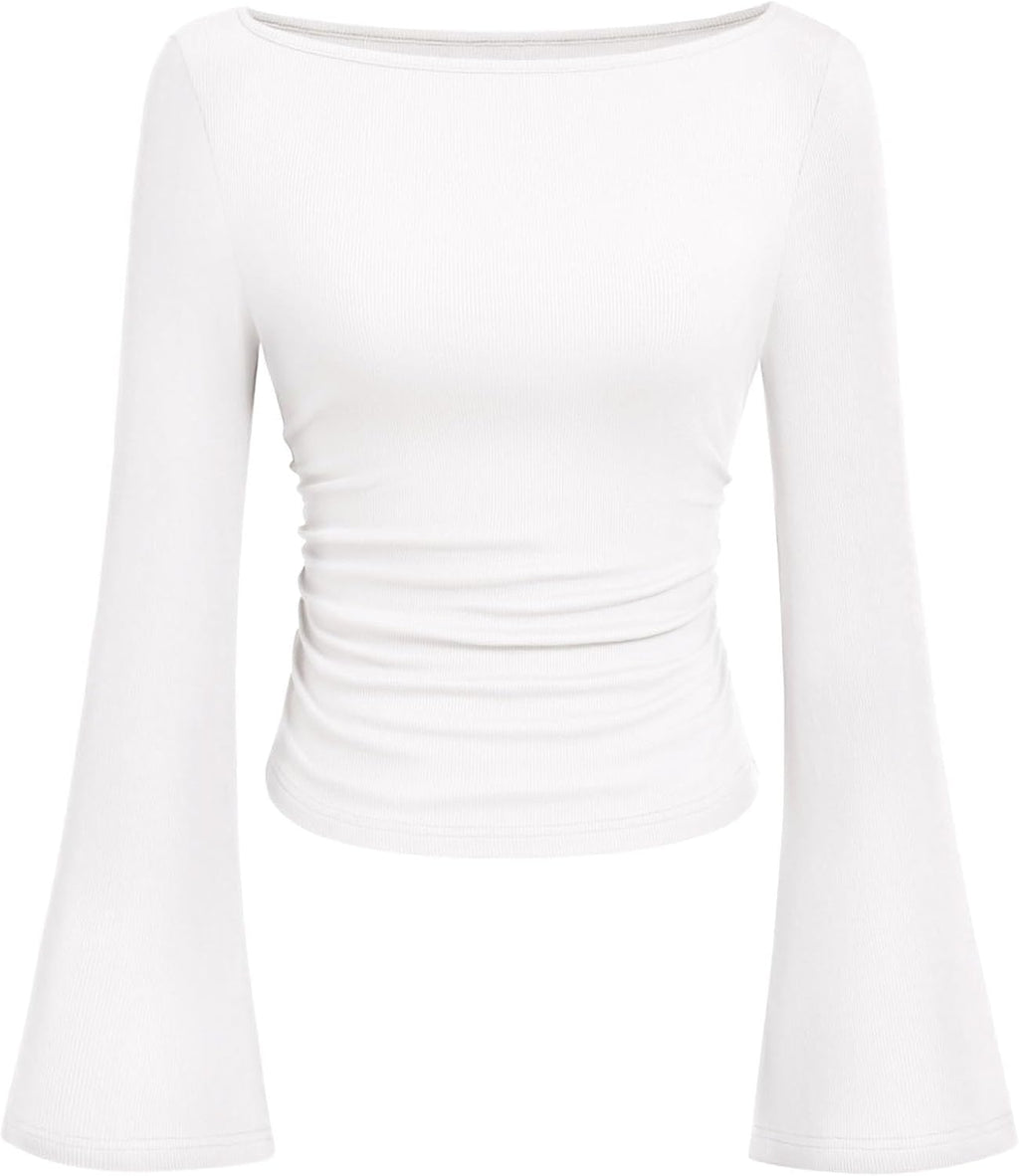 PRETTYGARDEN Womens Bell Long Sleeve Ribbed Knit Tops