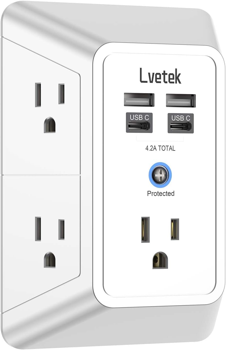 5 Outlet Extender Multi Plug Wall Outlets with 4 USB Charging Ports (1 USB C Outlet), 3 Sided 1680J Surge Protector Power Strip USB Wall Charger for Home, Office, Travel, ETL Listed, White