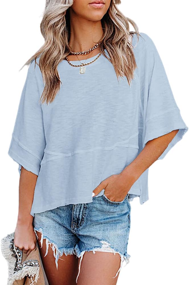 Sovelen Women's Summer Casual T-Shirts Loose Fit Crewneck 3/4 Sleeve Tops