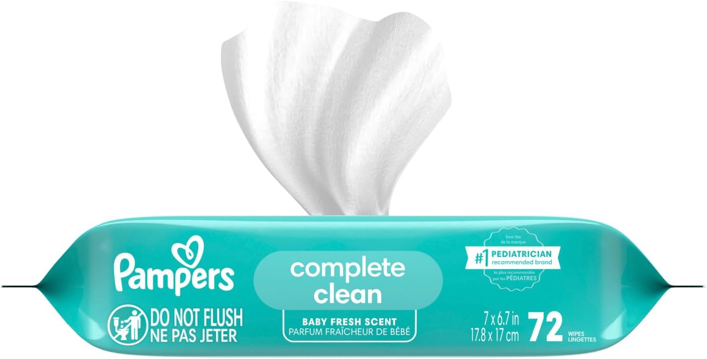 Pampers Baby Wipes, Complete Clean Baby Fresh Scented Wipe, Gently Cleans Head to Toe, 72 Total (1 Flip-Top Packs)