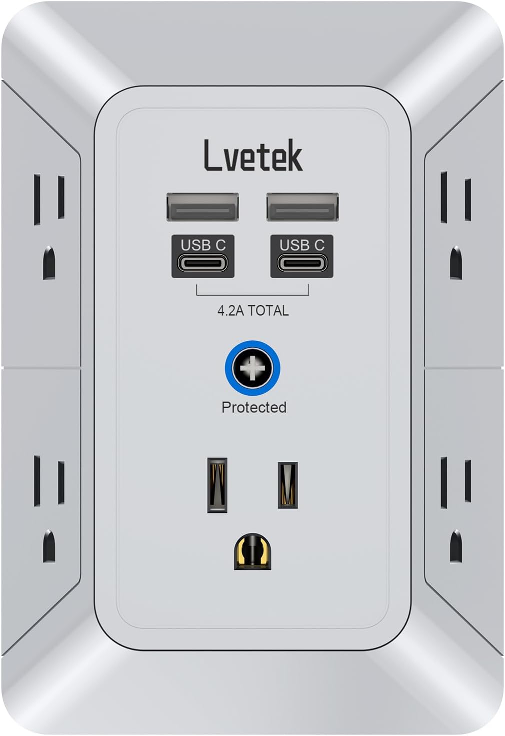 5 Outlet Extender Multi Plug Wall Outlets with 4 USB Charging Ports (1 USB C Outlet), 3 Sided 1680J Surge Protector Power Strip USB Wall Charger for Home, Office, Travel, ETL Listed, White