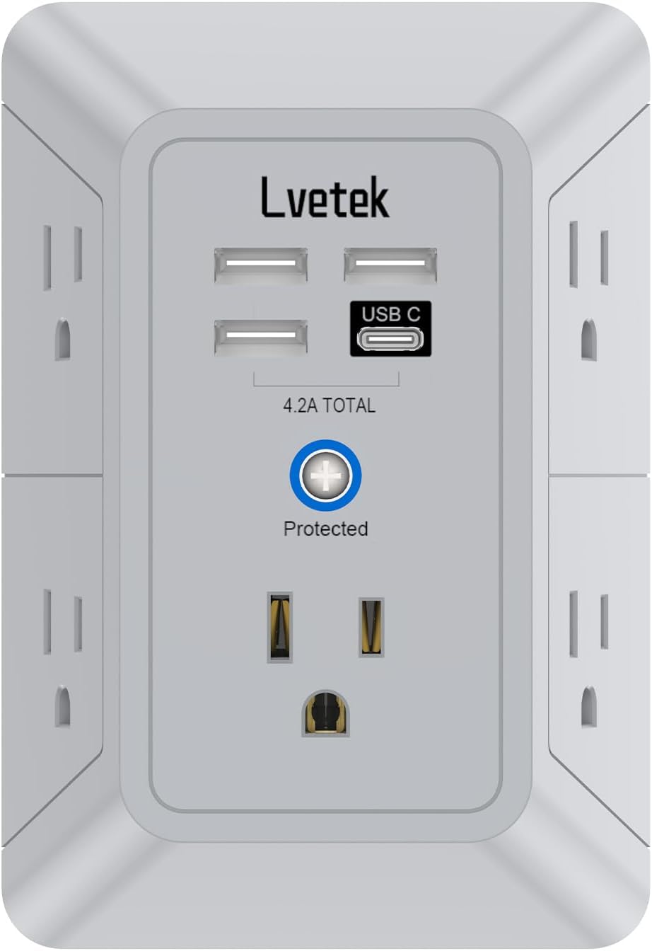 5 Outlet Extender Multi Plug Wall Outlets with 4 USB Charging Ports (1 USB C Outlet), 3 Sided 1680J Surge Protector Power Strip USB Wall Charger for Home, Office, Travel, ETL Listed, White