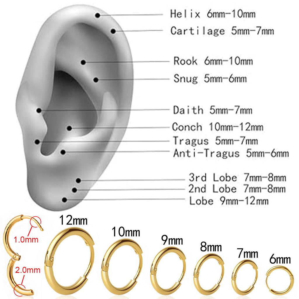 1 Pair 6mm Small Hoop Earrings for Women, Huggie Hoop Earrings (Gold/1.6mm)
