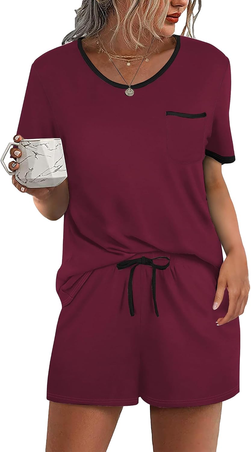 Ekouaer Pajamas for Womens Set 2 Piece Soft Sleepwear, Chest Pocket | Comfy Pjs, Casual Lounge Set, Short Sleeve Tops and Drawstring Shorts, Loungewear for Spring Summer Fall Winter