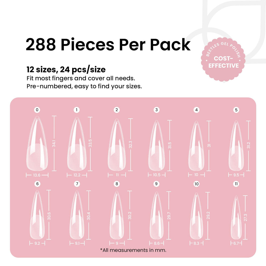 Beetles Soft Gel Nail Tips Short Almond 288pcs in 12 Sizes Etch-X | Pre-Etched Full Cover Acrylic Fake Nails, Salon Quality Nail Supplies, Easy DIY Extension Press On Nails, Gift for Women