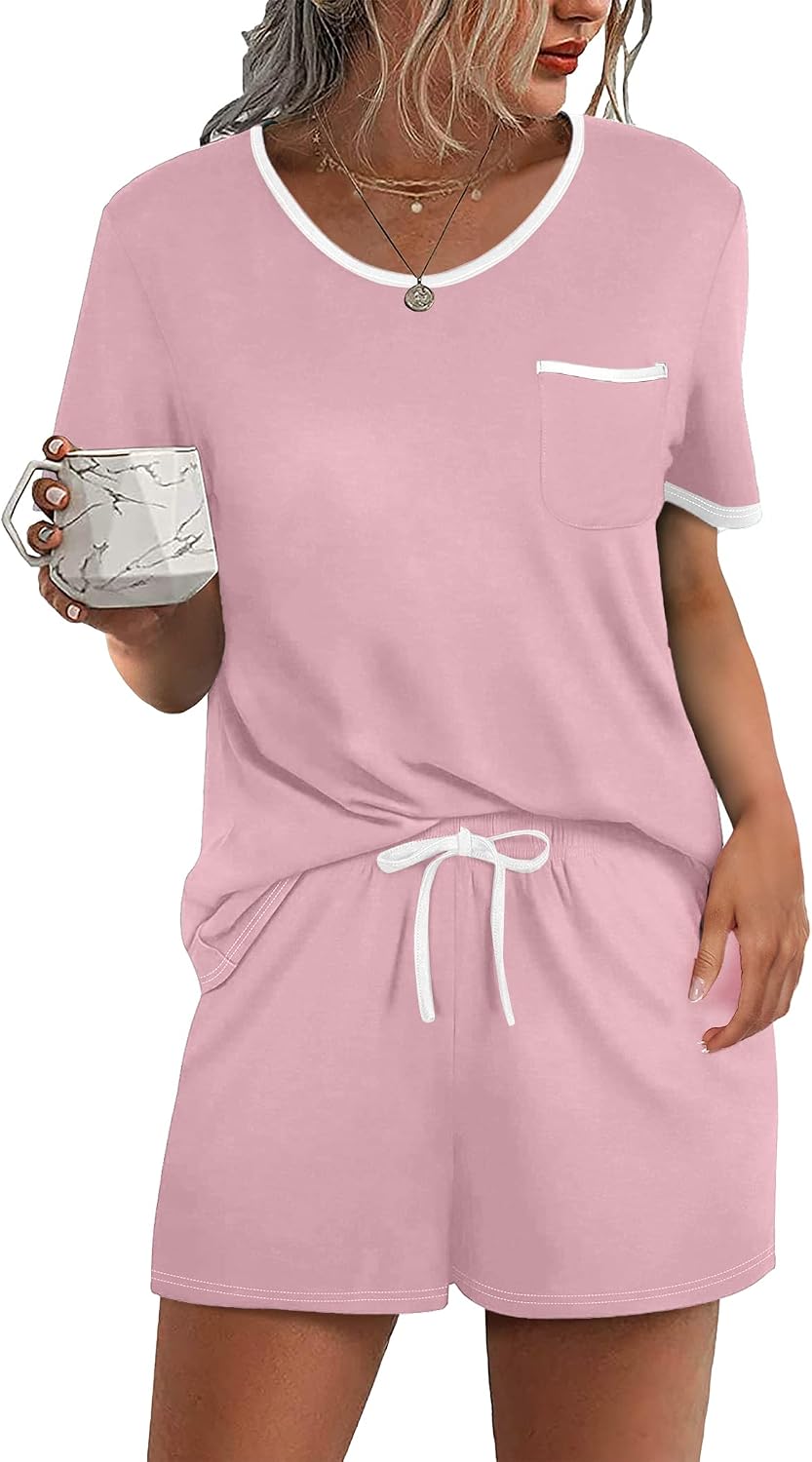 Ekouaer Pajamas for Womens Set 2 Piece Soft Sleepwear, Chest Pocket | Comfy Pjs, Casual Lounge Set, Short Sleeve Tops and Drawstring Shorts, Loungewear for Spring Summer Fall Winter