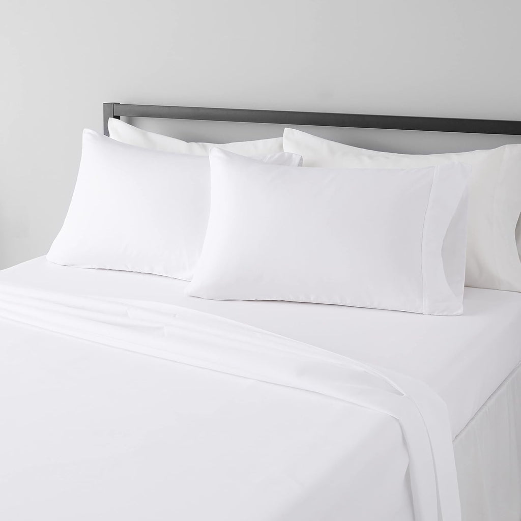 Amazon Basics Lightweight Super Soft Breathable Wrinkle-Resistant Microfiber 4-Piece Bed Sheet Set with 14-Inch Deep Pockets, Queen, Bright White, Solid