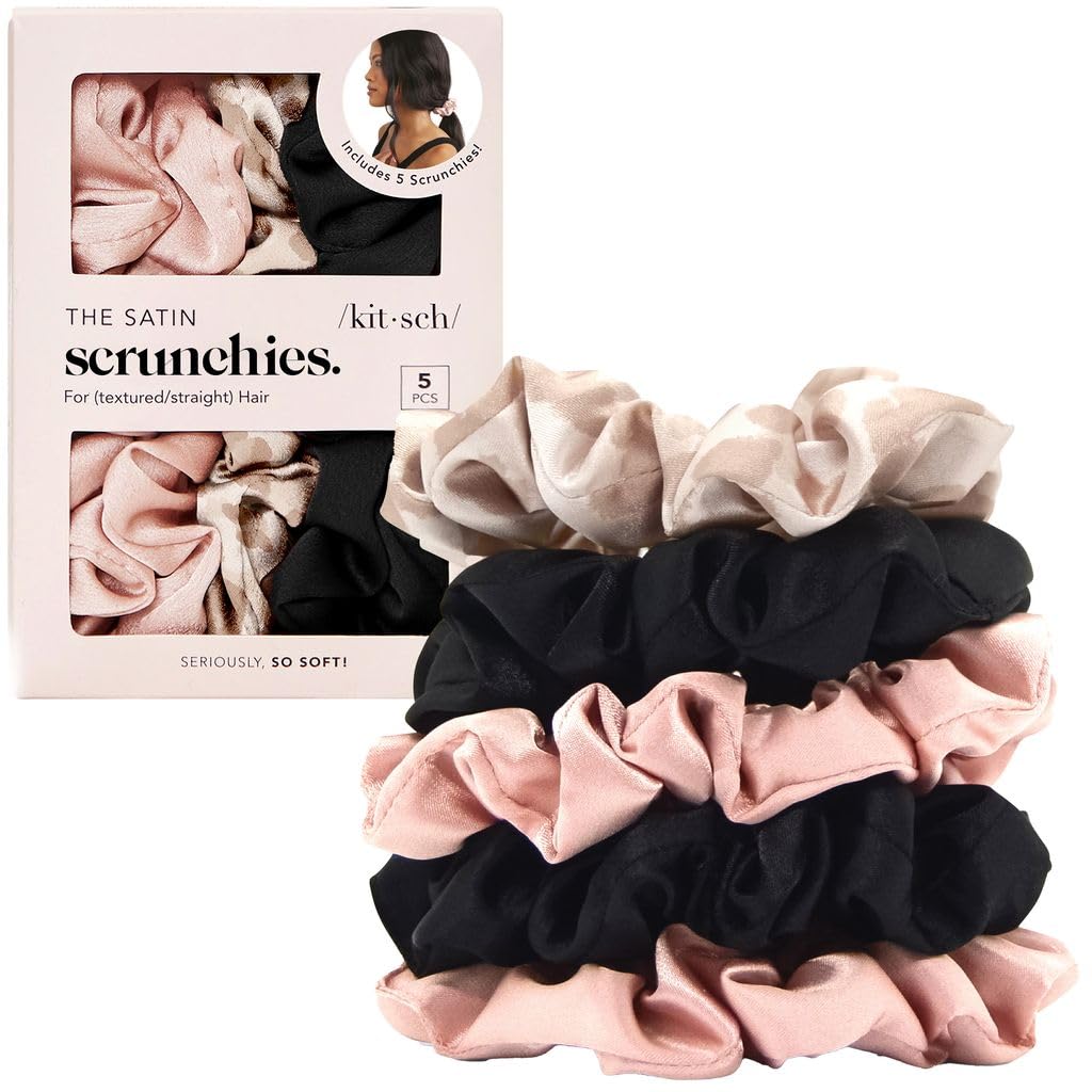 Kitsch Satin Scrunchies for Women | For All Hair Types - Black, 5pcs | Wake Up Frizz-Free, No Crease Hair Ties, Softer Than Silk Scrunchies, Stylish Hair Accessories For All Hair Types