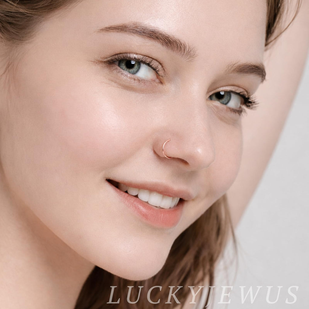 LUCKYJEWUS Small Thin Gold or Sterling Silver Nose Ring Hoop for Women, Tiny Nose Piercing jewelry