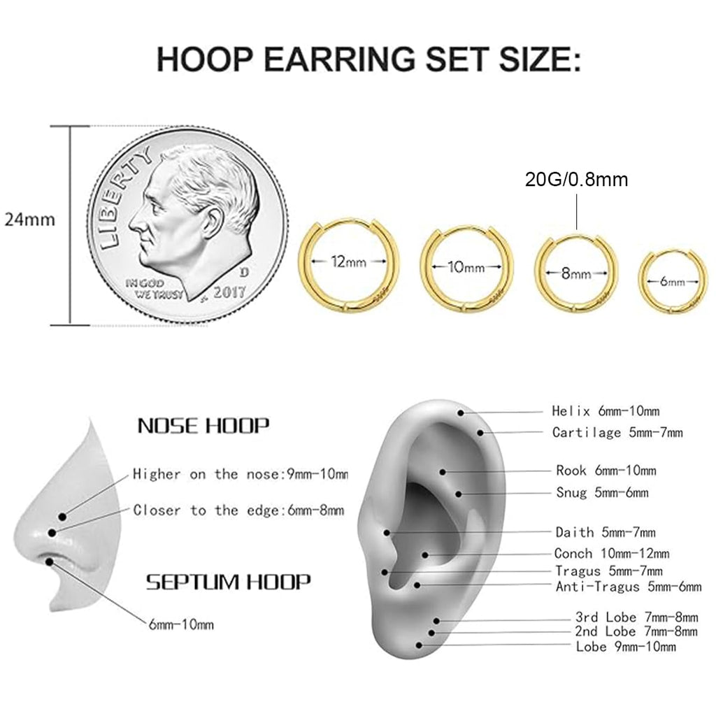 1 Pair 6mm Small Hoop Earrings for Women, Huggie Hoop Earrings (Gold/1.6mm)