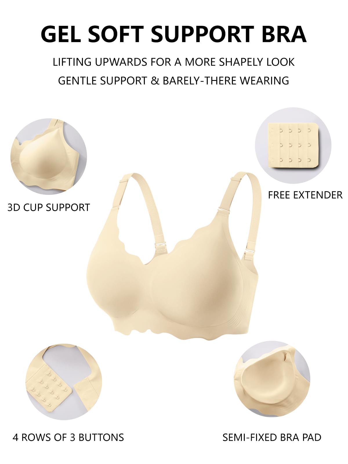 COCOMARTS Jelly Bras for Women No Underwire Scalloped Wireless Push Up Bra | Seamless Full Coverage Supportive Everyday Essentials Tshirt Bras, Soft Breathable Comfortable Bralettes