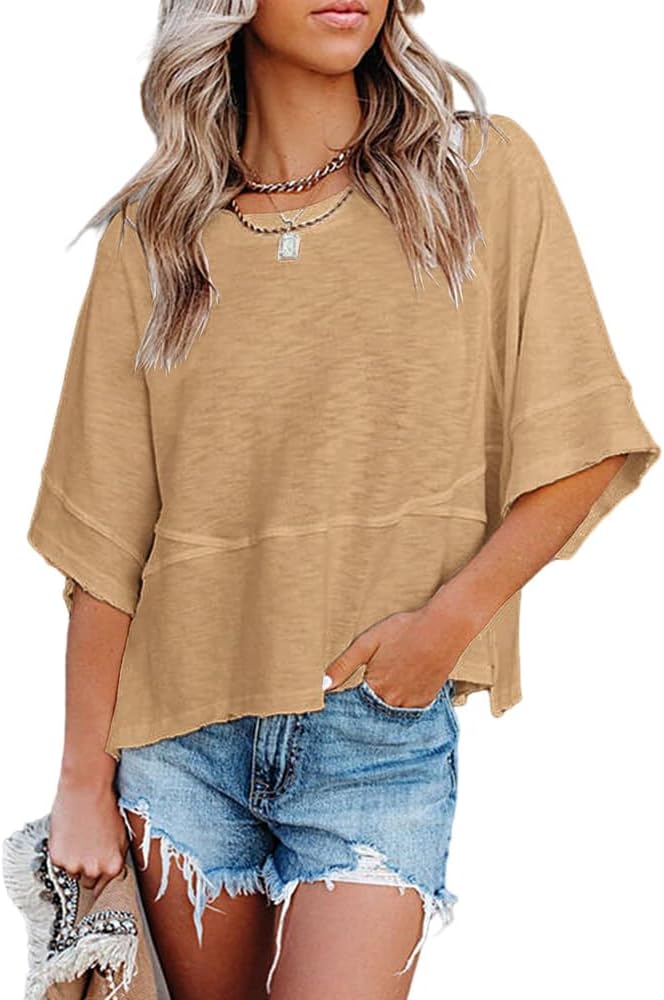 Sovelen Women's Summer Casual T-Shirts Loose Fit Crewneck 3/4 Sleeve Tops