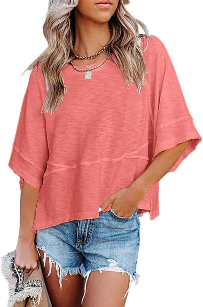 Sovelen Women's Summer Casual T-Shirts Loose Fit Crewneck 3/4 Sleeve Tops