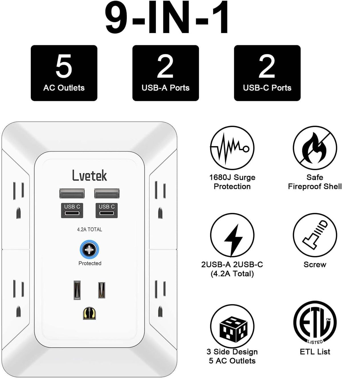 5 Outlet Extender Multi Plug Wall Outlets with 4 USB Charging Ports (1 USB C Outlet), 3 Sided 1680J Surge Protector Power Strip USB Wall Charger for Home, Office, Travel, ETL Listed, White
