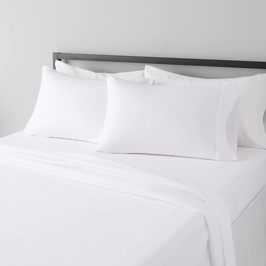 Amazon Basics Lightweight Super Soft Breathable Wrinkle-Resistant Microfiber 4-Piece Bed Sheet Set with 14-Inch Deep Pockets, Queen, Bright White, Solid