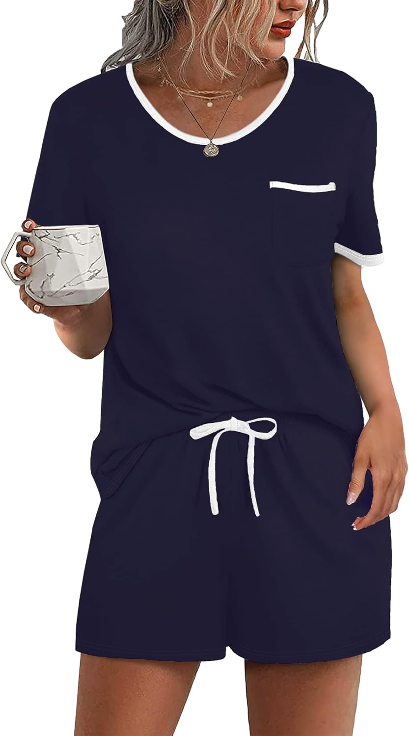 Ekouaer Pajamas for Womens Set 2 Piece Soft Sleepwear, Chest Pocket | Comfy Pjs, Casual Lounge Set, Short Sleeve Tops and Drawstring Shorts, Loungewear for Spring Summer Fall Winter