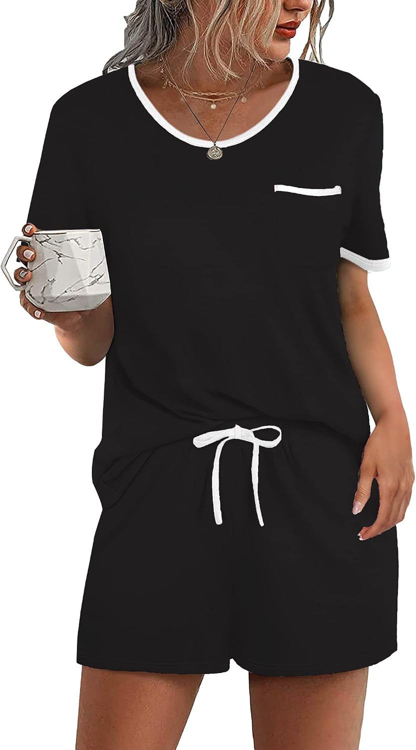 Ekouaer Pajamas for Womens Set 2 Piece Soft Sleepwear, Chest Pocket | Comfy Pjs, Casual Lounge Set, Short Sleeve Tops and Drawstring Shorts, Loungewear for Spring Summer Fall Winter