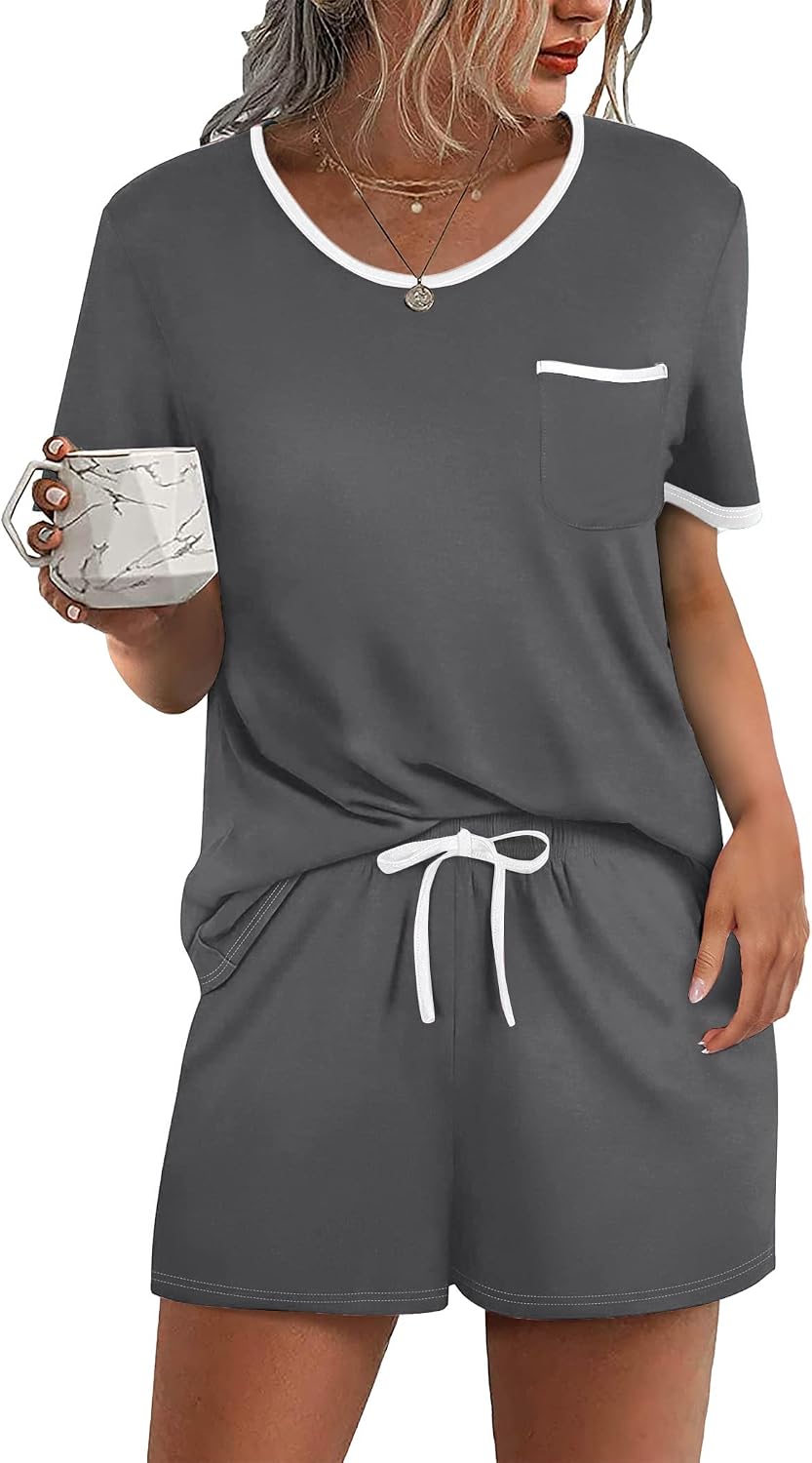 Ekouaer Pajamas for Womens Set 2 Piece Soft Sleepwear, Chest Pocket | Comfy Pjs, Casual Lounge Set, Short Sleeve Tops and Drawstring Shorts, Loungewear for Spring Summer Fall Winter