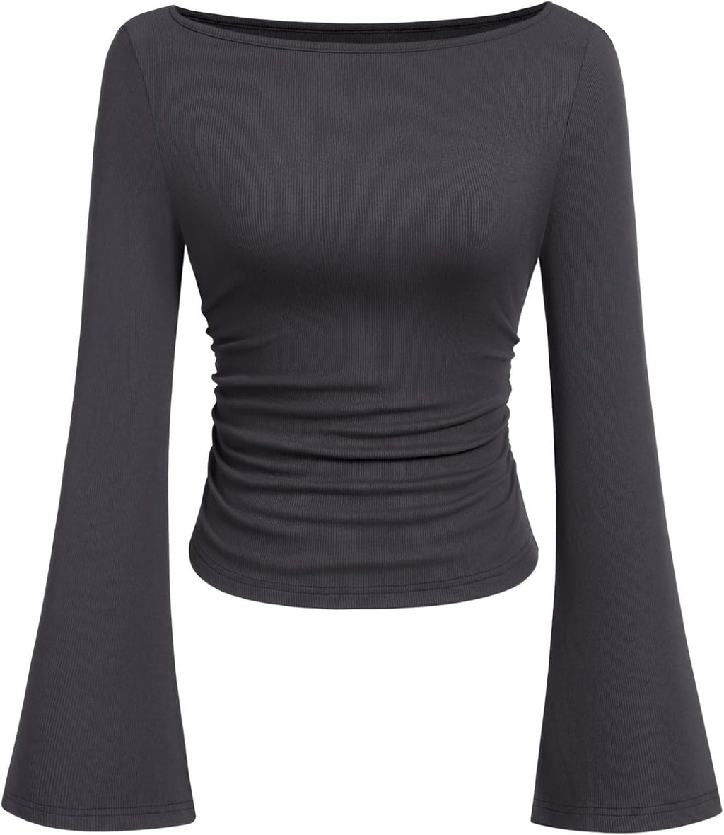 PRETTYGARDEN Womens Bell Long Sleeve Ribbed Knit Tops