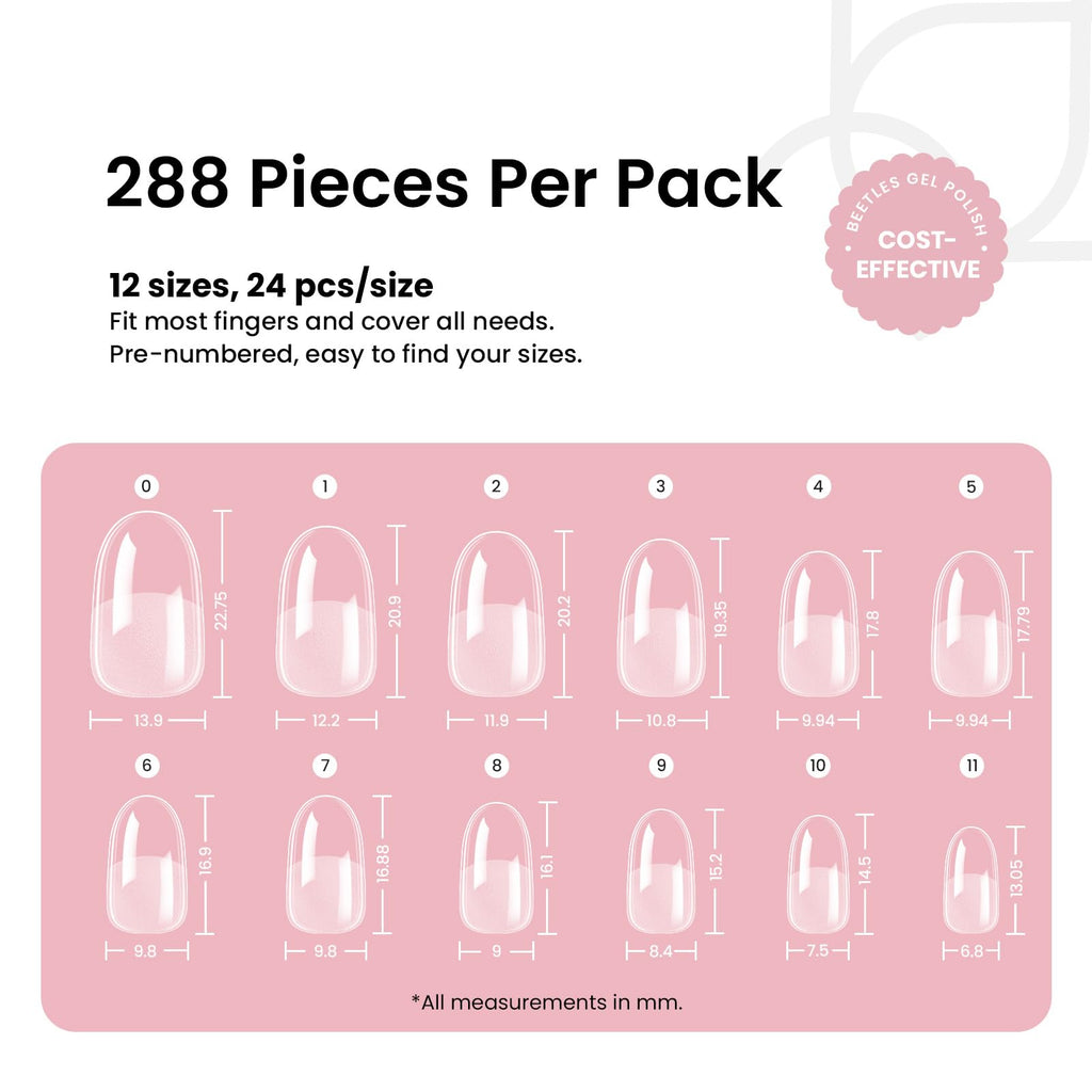 Beetles Soft Gel Nail Tips Short Almond 288pcs in 12 Sizes Etch-X | Pre-Etched Full Cover Acrylic Fake Nails, Salon Quality Nail Supplies, Easy DIY Extension Press On Nails, Gift for Women