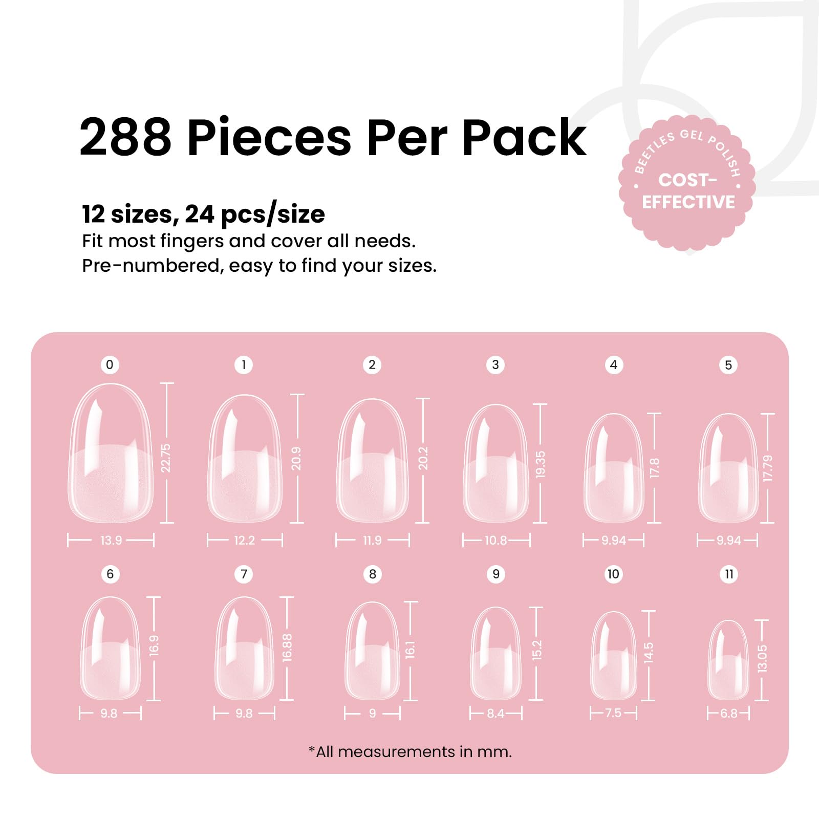 Beetles Soft Gel Nail Tips Short Almond 288pcs in 12 Sizes Etch-X | Pre-Etched Full Cover Acrylic Fake Nails, Salon Quality Nail Supplies, Easy DIY Extension Press On Nails, Gift for Women