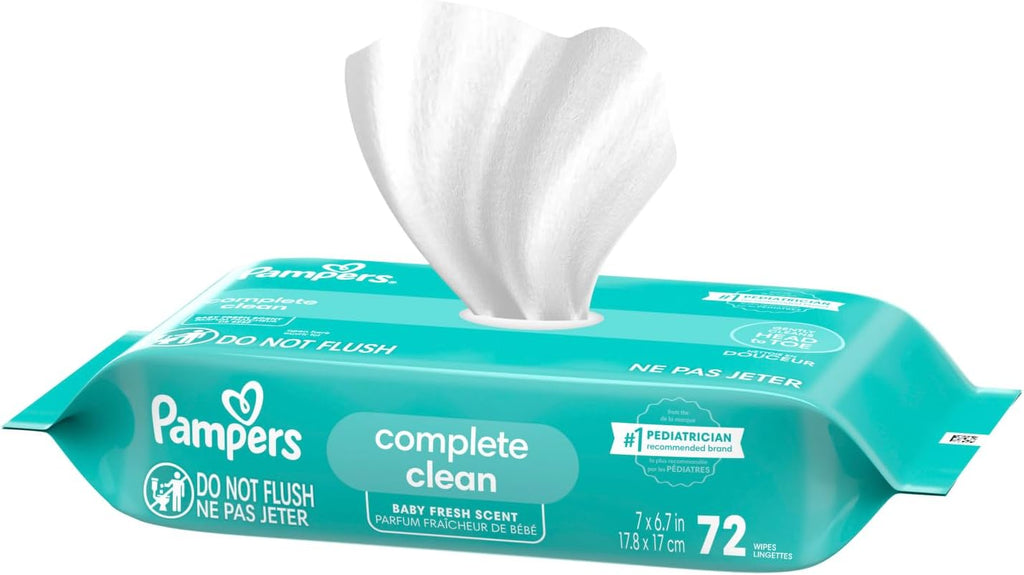 Pampers Baby Wipes, Complete Clean Baby Fresh Scented Wipe, Gently Cleans Head to Toe, 72 Total (1 Flip-Top Packs)