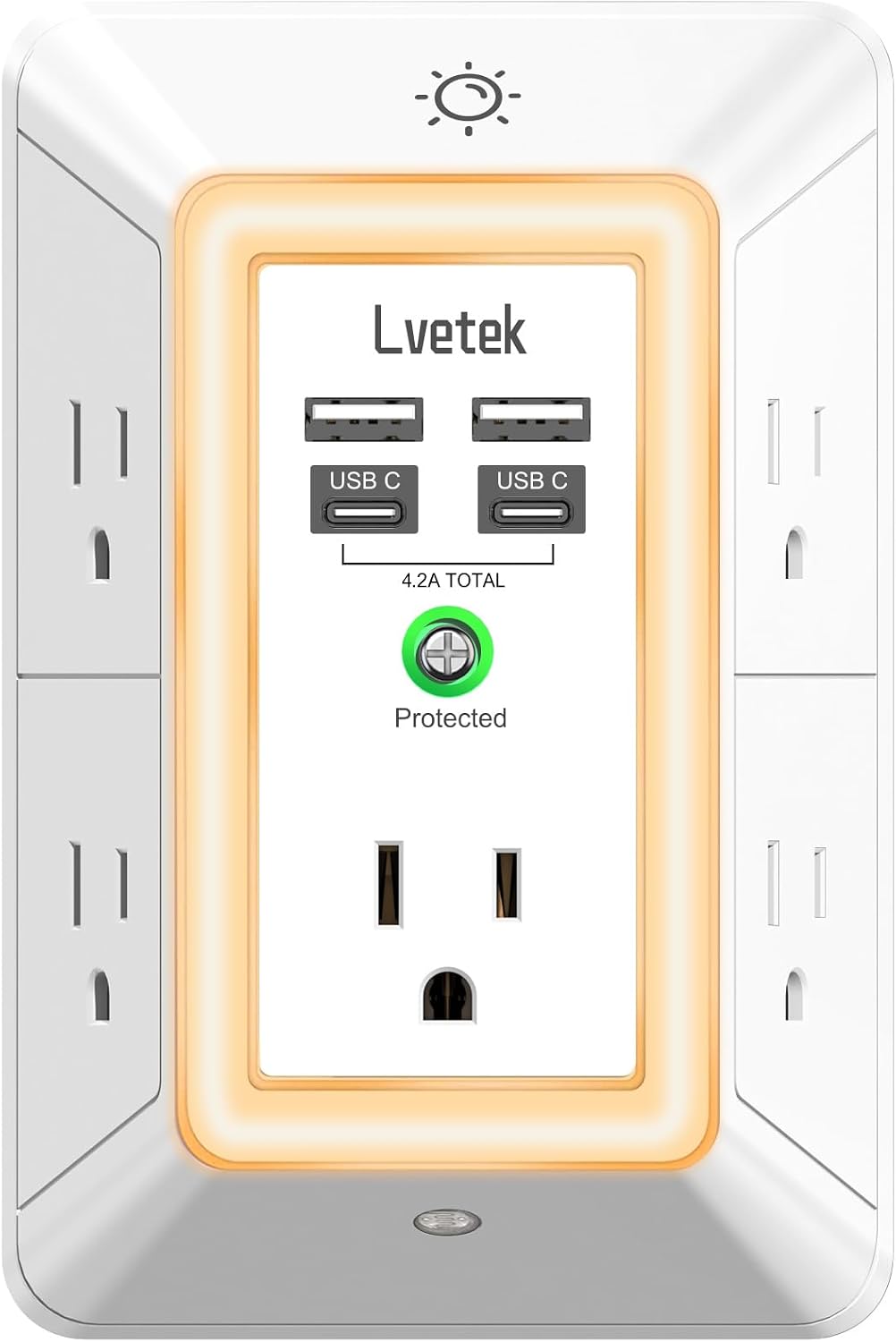 5 Outlet Extender Multi Plug Wall Outlets with 4 USB Charging Ports (1 USB C Outlet), 3 Sided 1680J Surge Protector Power Strip USB Wall Charger for Home, Office, Travel, ETL Listed, White