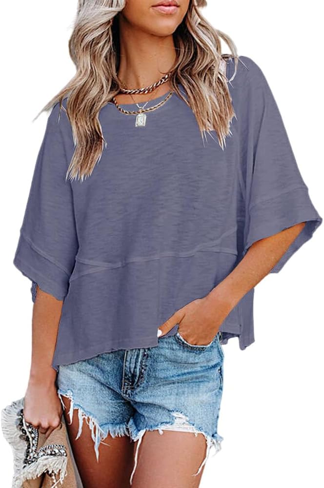 Sovelen Women's Summer Casual T-Shirts Loose Fit Crewneck 3/4 Sleeve Tops
