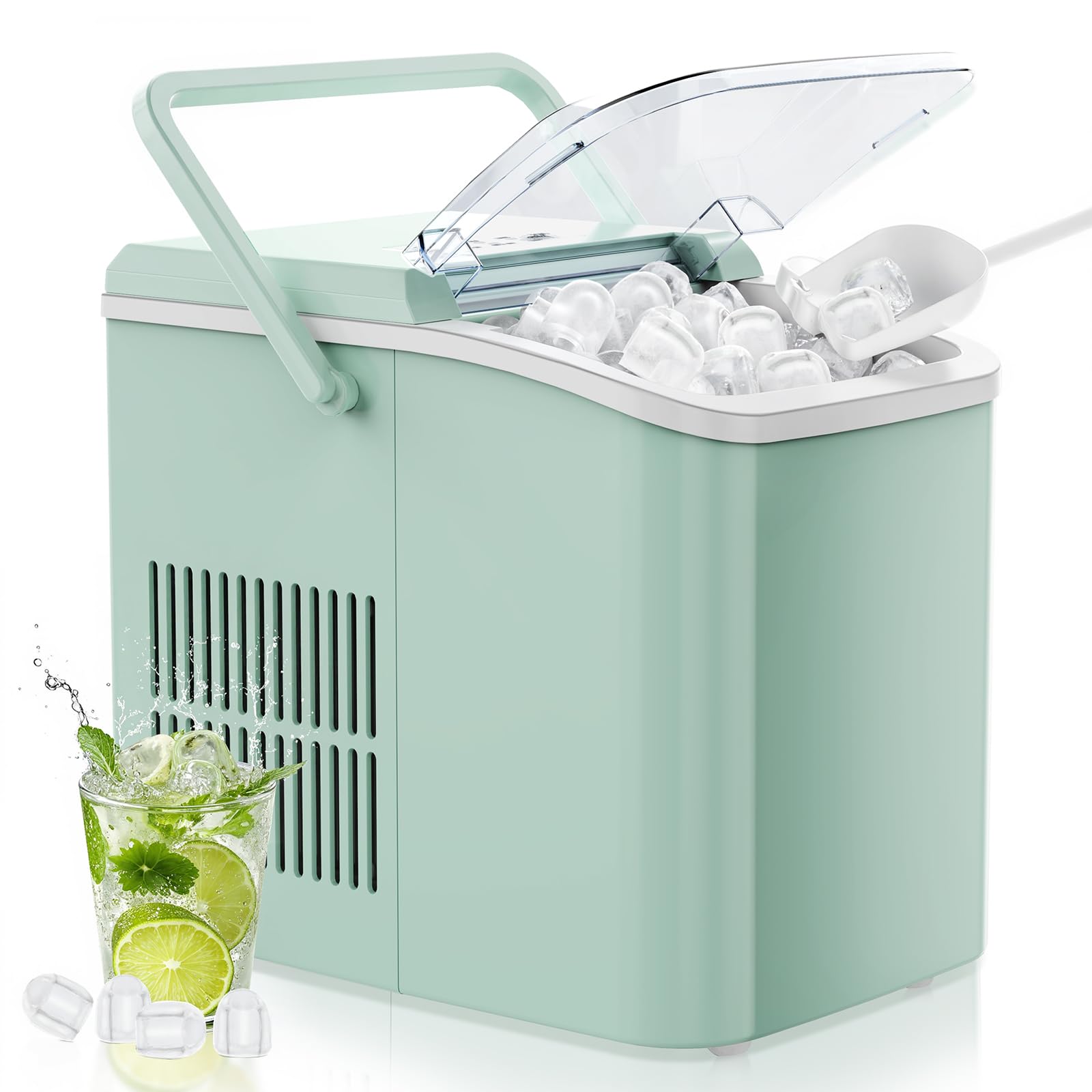 OLIXIS Countertop Ice Maker Machine with Handle, Auto-Cleaning Portable Ice Maker with Basket & Scoop, 26lbs in 24Hrs & 9 Cubes in 6 Mins, 2 Cube Sizes, for Home Party Camping RV, Black