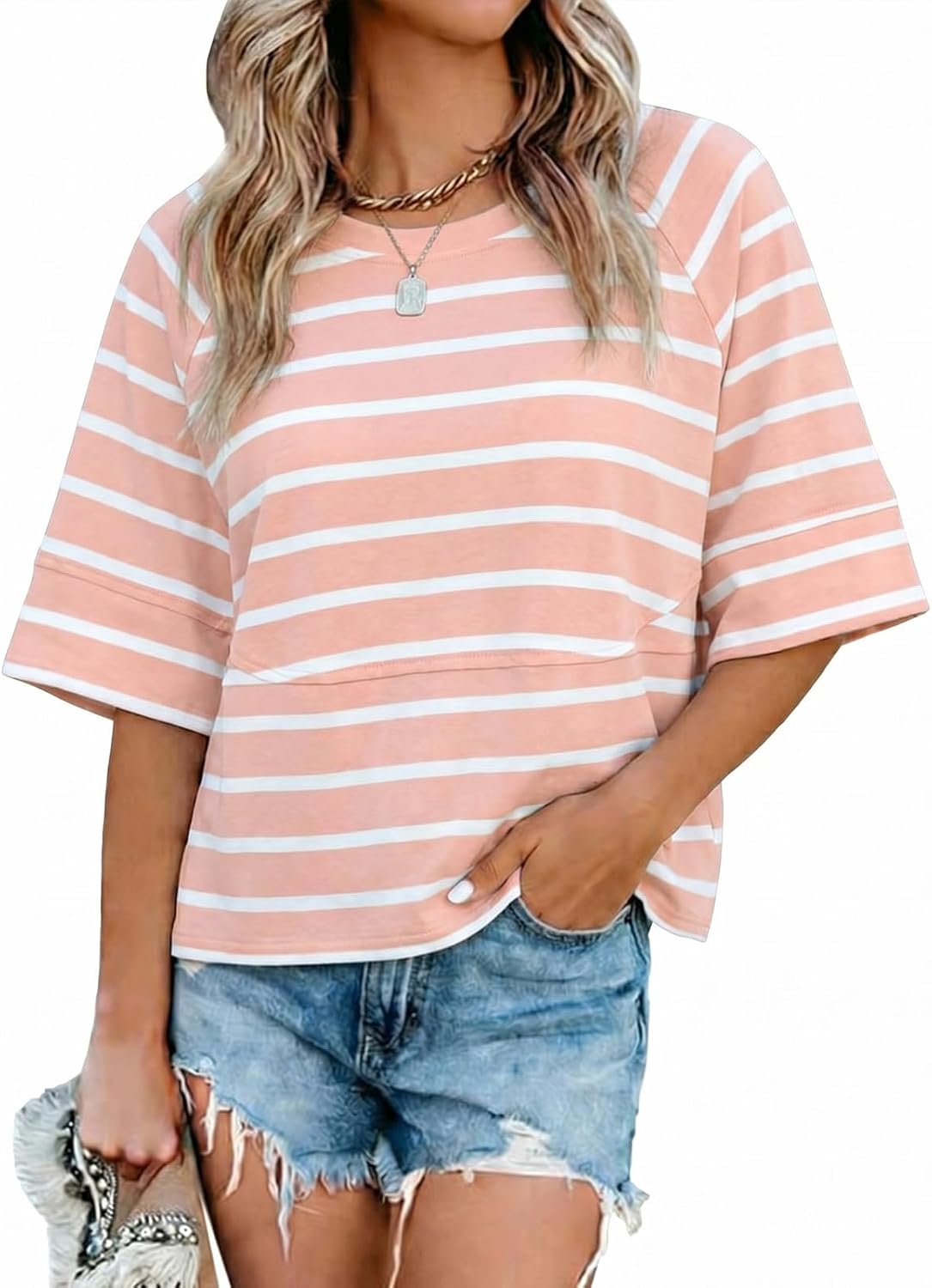 Sovelen Women's Summer Casual T-Shirts Loose Fit Crewneck 3/4 Sleeve Tops