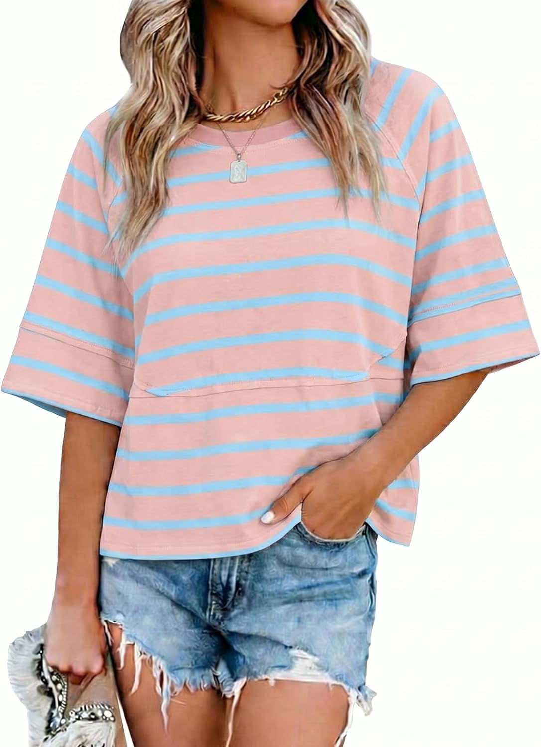 Sovelen Women's Summer Casual T-Shirts Loose Fit Crewneck 3/4 Sleeve Tops
