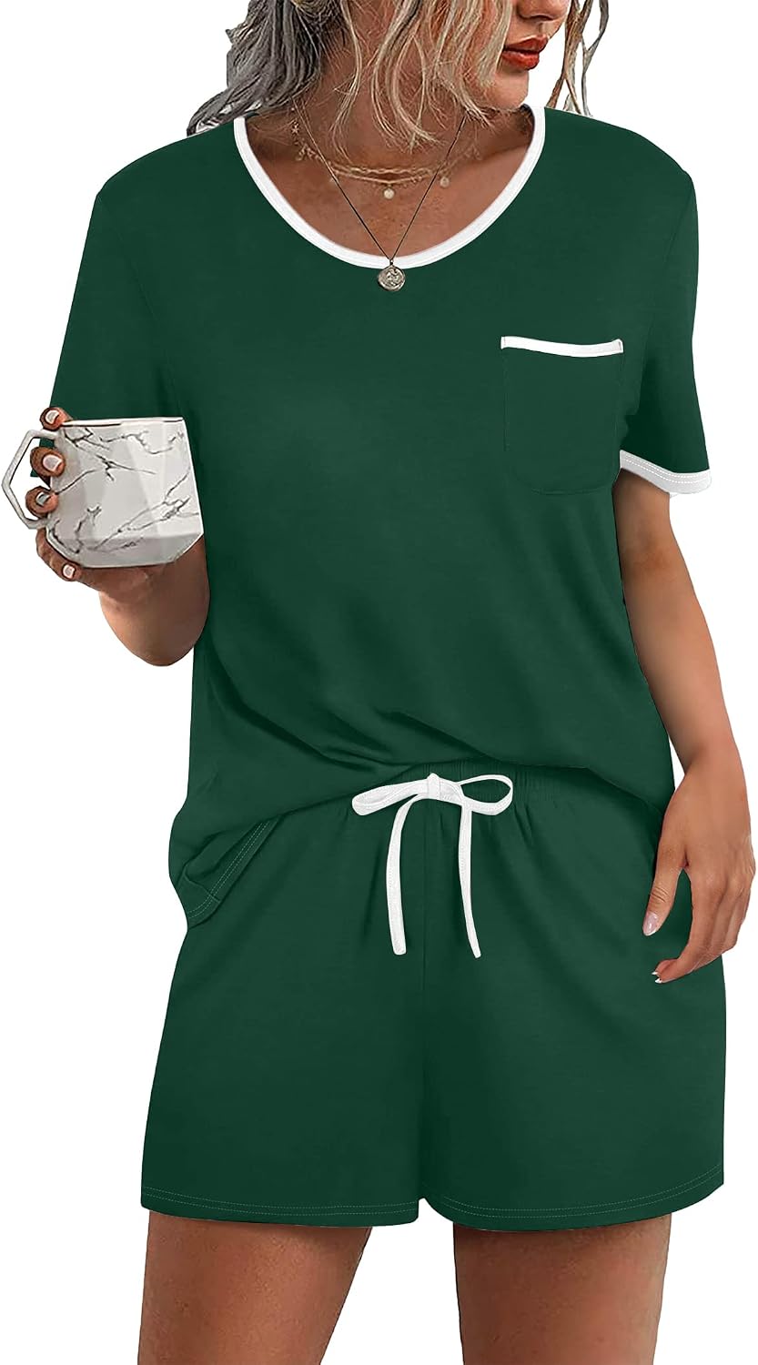 Ekouaer Pajamas for Womens Set 2 Piece Soft Sleepwear, Chest Pocket | Comfy Pjs, Casual Lounge Set, Short Sleeve Tops and Drawstring Shorts, Loungewear for Spring Summer Fall Winter