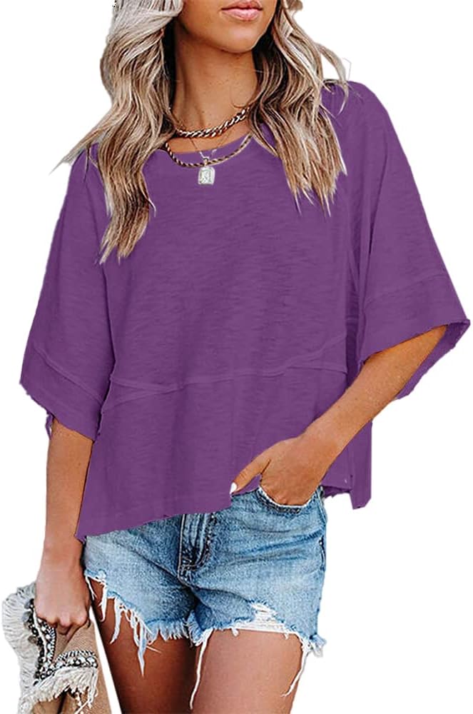 Sovelen Women's Summer Casual T-Shirts Loose Fit Crewneck 3/4 Sleeve Tops