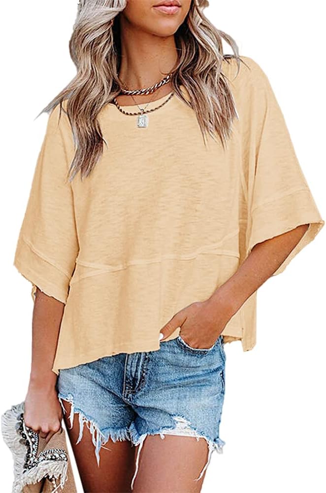 Sovelen Women's Summer Casual T-Shirts Loose Fit Crewneck 3/4 Sleeve Tops