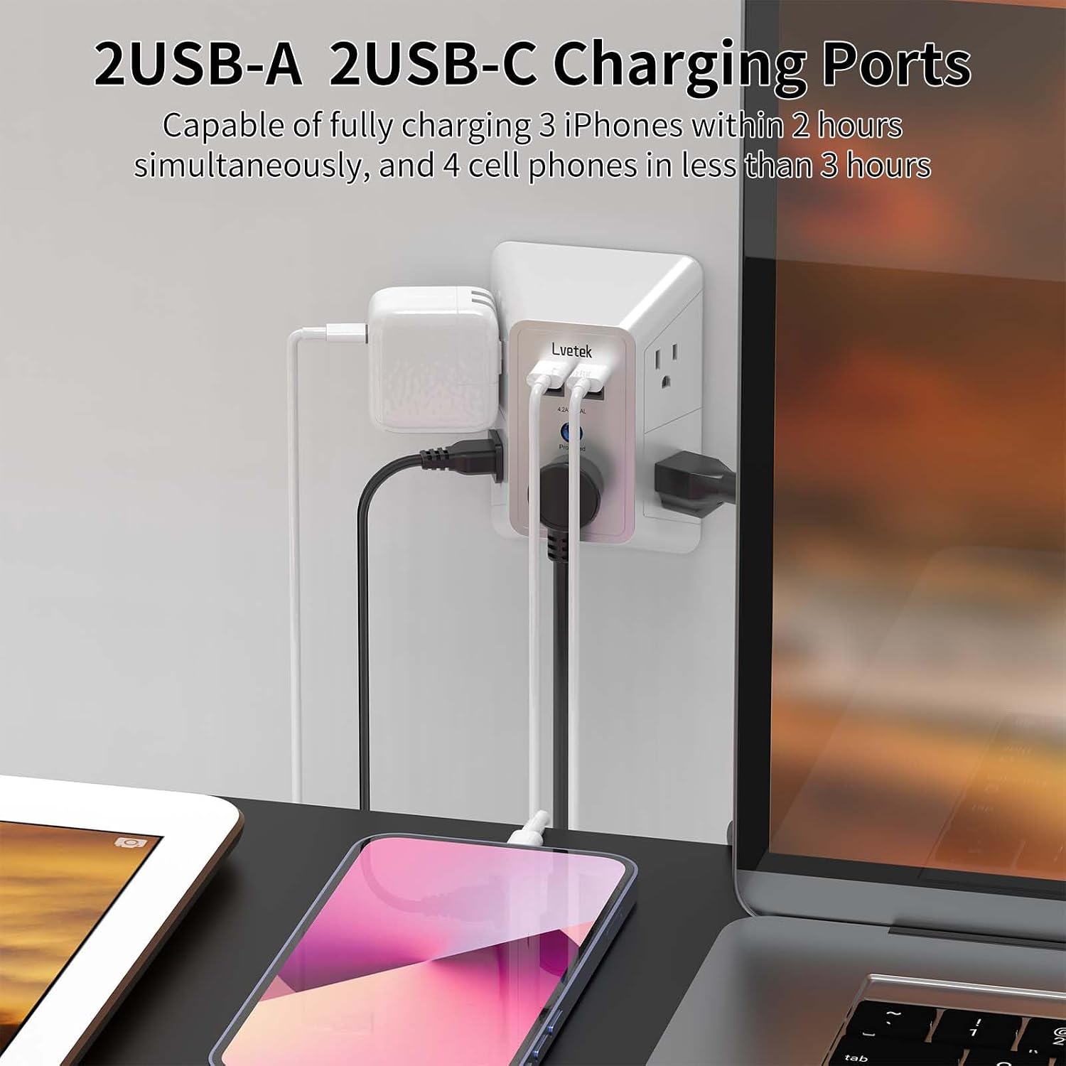 5 Outlet Extender Multi Plug Wall Outlets with 4 USB Charging Ports (1 USB C Outlet), 3 Sided 1680J Surge Protector Power Strip USB Wall Charger for Home, Office, Travel, ETL Listed, White