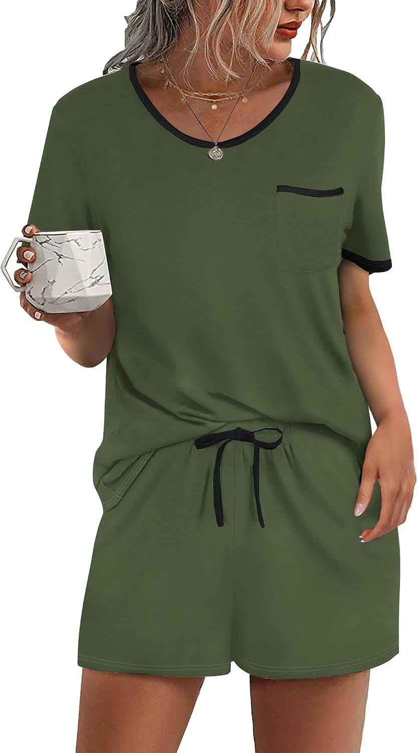 Ekouaer Pajamas for Womens Set 2 Piece Soft Sleepwear, Chest Pocket | Comfy Pjs, Casual Lounge Set, Short Sleeve Tops and Drawstring Shorts, Loungewear for Spring Summer Fall Winter