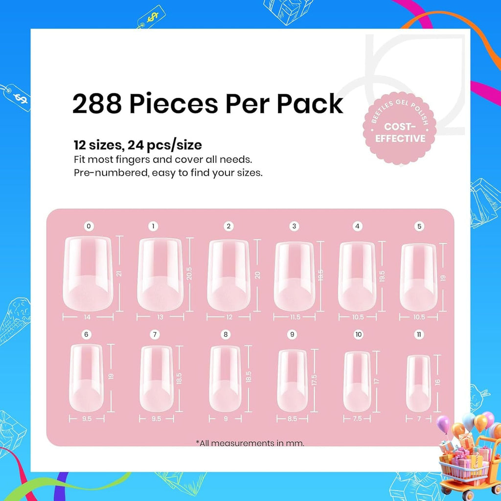 Beetles Soft Gel Nail Tips Short Almond 288pcs in 12 Sizes Etch-X | Pre-Etched Full Cover Acrylic Fake Nails, Salon Quality Nail Supplies, Easy DIY Extension Press On Nails, Gift for Women