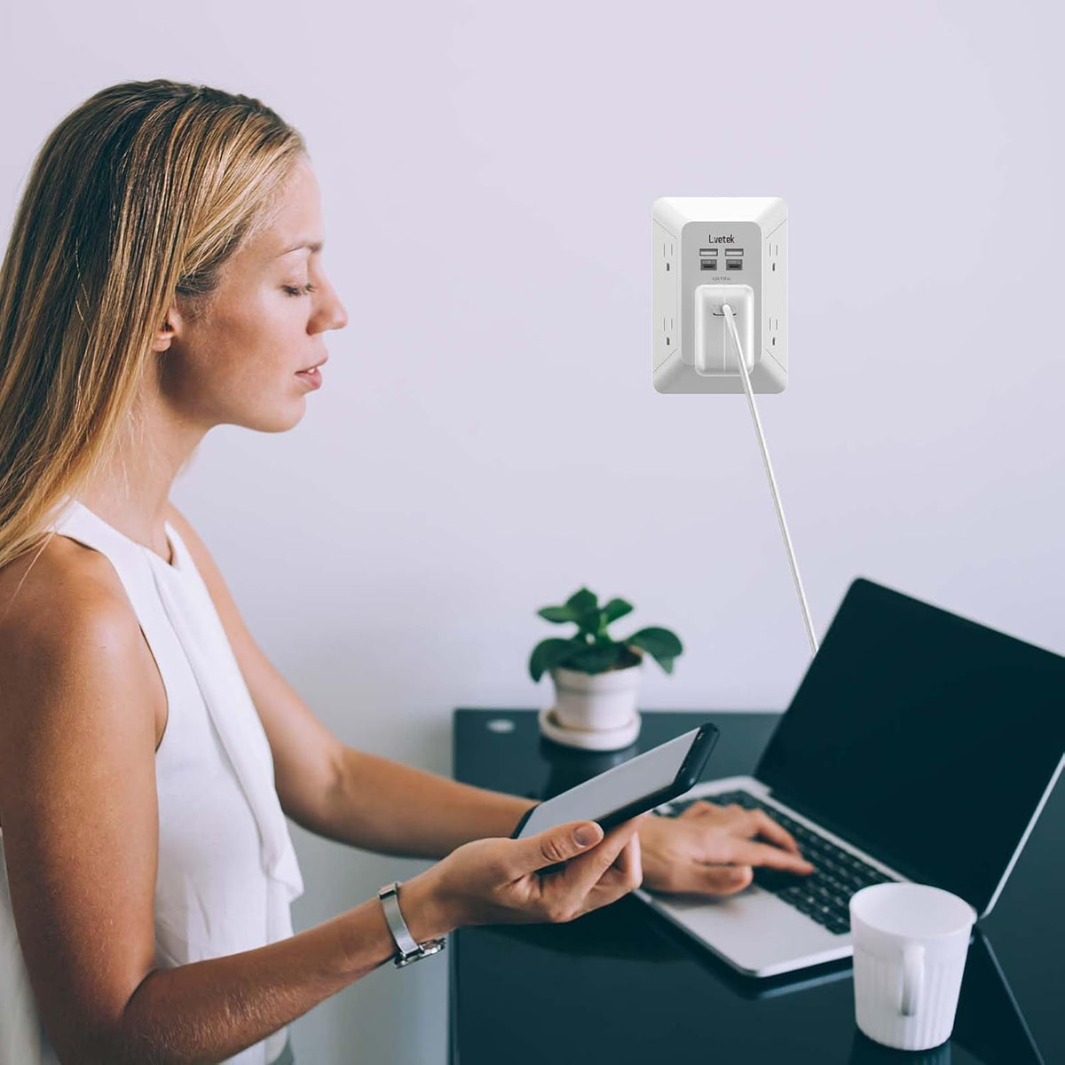 5 Outlet Extender Multi Plug Wall Outlets with 4 USB Charging Ports (1 USB C Outlet), 3 Sided 1680J Surge Protector Power Strip USB Wall Charger for Home, Office, Travel, ETL Listed, White
