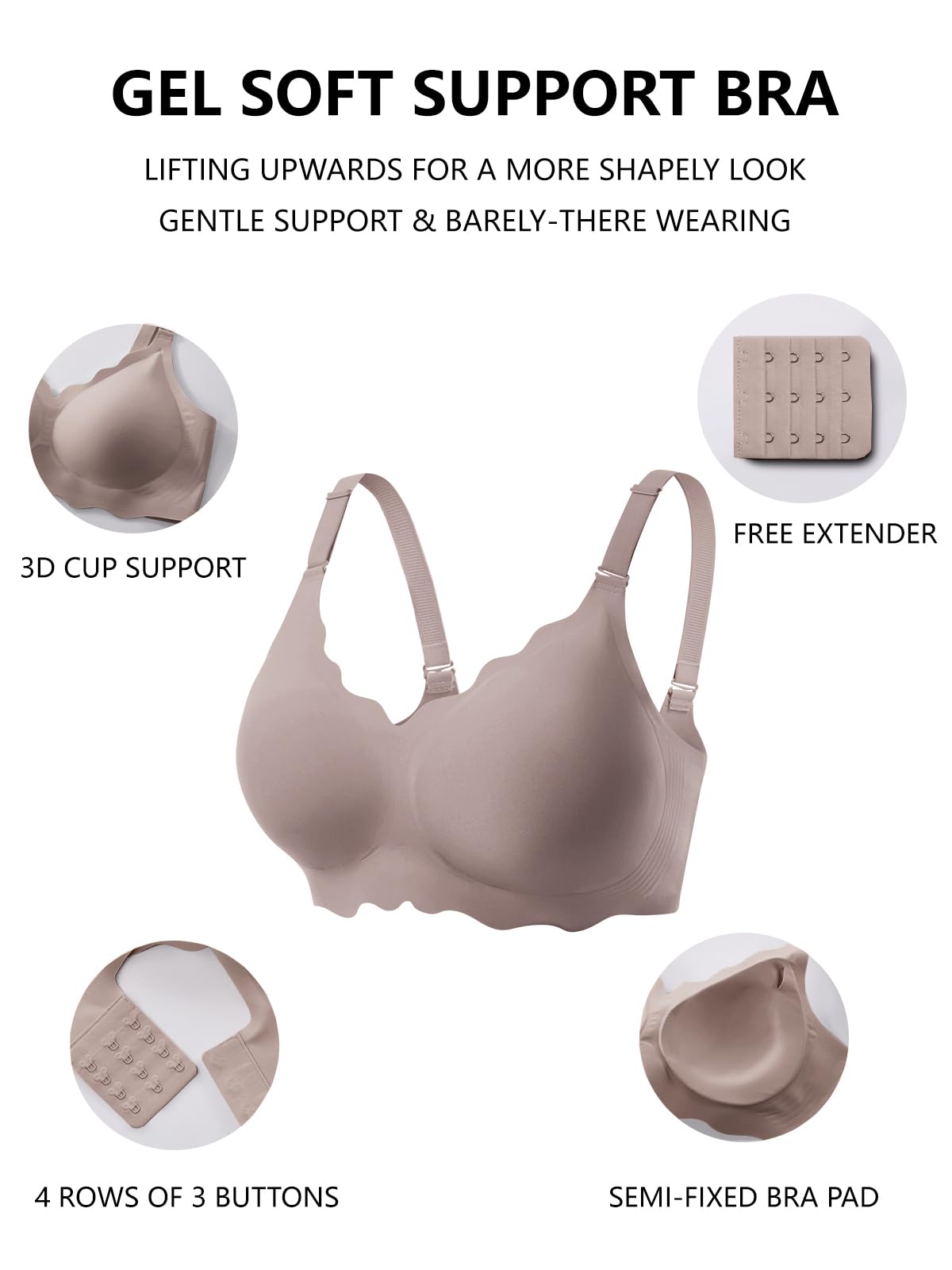 COCOMARTS Jelly Bras for Women No Underwire Scalloped Wireless Push Up Bra | Seamless Full Coverage Supportive Everyday Essentials Tshirt Bras, Soft Breathable Comfortable Bralettes
