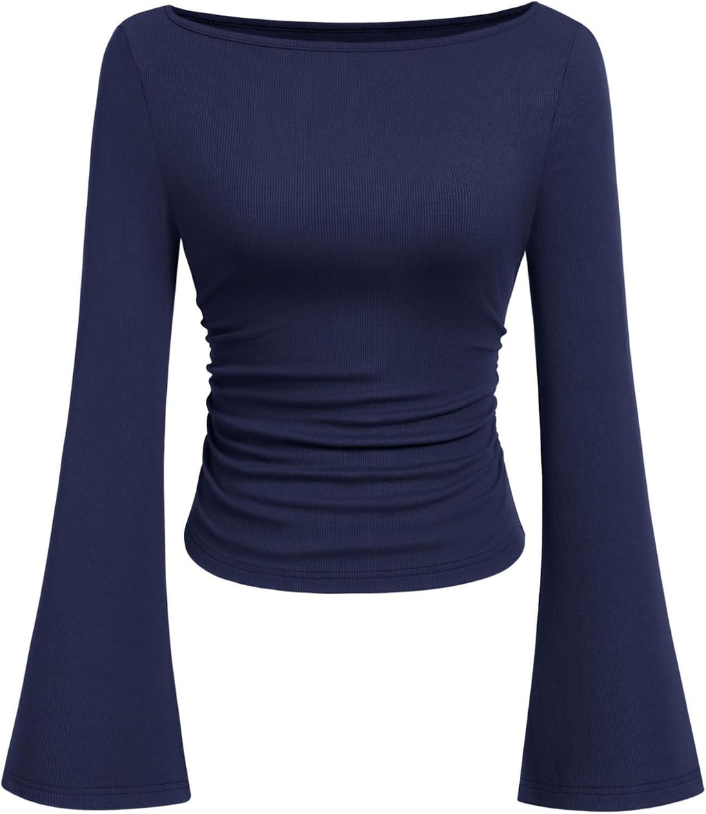 PRETTYGARDEN Womens Bell Long Sleeve Ribbed Knit Tops