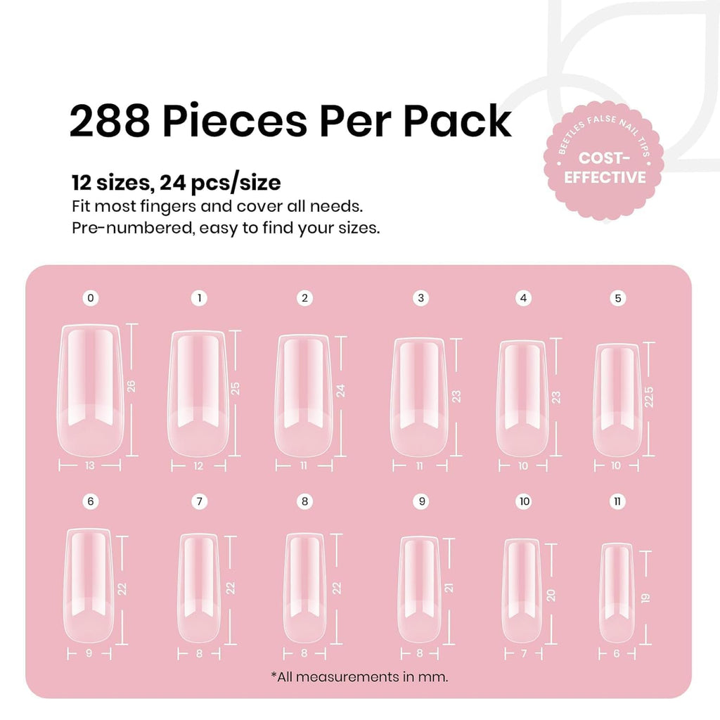 Beetles Soft Gel Nail Tips Short Almond 288pcs in 12 Sizes Etch-X | Pre-Etched Full Cover Acrylic Fake Nails, Salon Quality Nail Supplies, Easy DIY Extension Press On Nails, Gift for Women