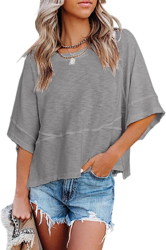 Sovelen Women's Summer Casual T-Shirts Loose Fit Crewneck 3/4 Sleeve Tops