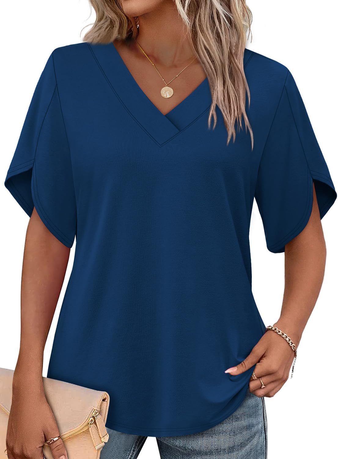 WIHOLL Womens Summer Tops Short Petal Sleeve Shirts Fashion V Neck Womens Clothing