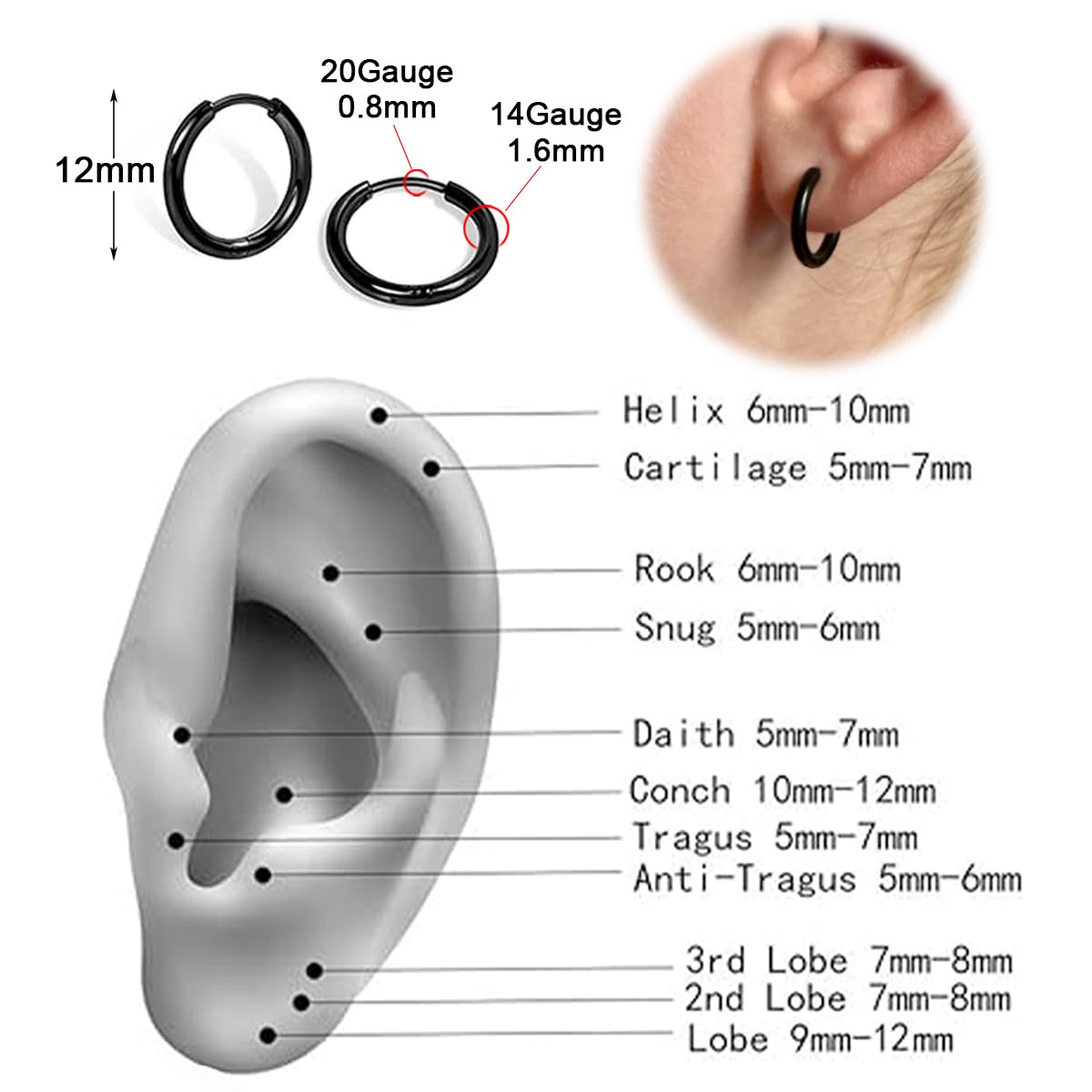1 Pair 6mm Small Hoop Earrings for Women, Huggie Hoop Earrings (Gold/1.6mm)
