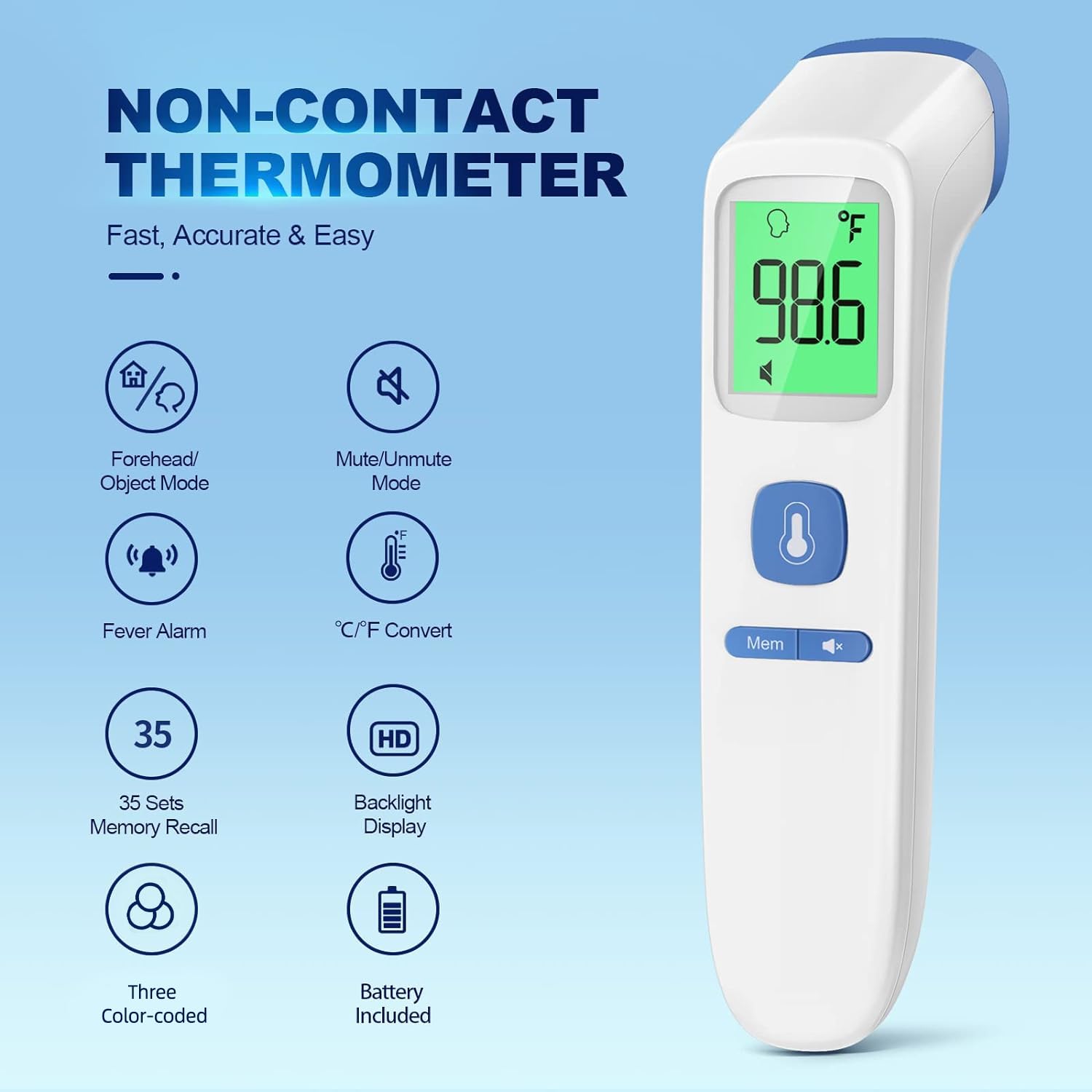 No-Touch Thermometer for Adults and Kids, Accurate Digital Baby Thermometer | 1s Fast Reading, Fever Alarm, Silent Mode, 35-Reading Memory, Forehead & Object Mode, AAA Battery Included, for Home & Clinic