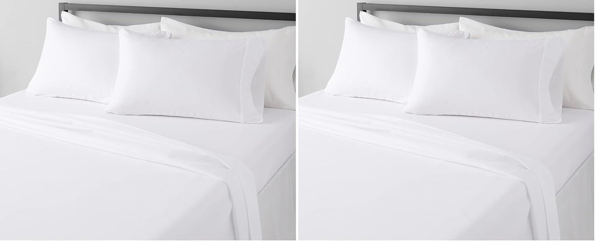 Amazon Basics Lightweight Super Soft Breathable Wrinkle-Resistant Microfiber 4-Piece Bed Sheet Set with 14-Inch Deep Pockets, Queen, Bright White, Solid