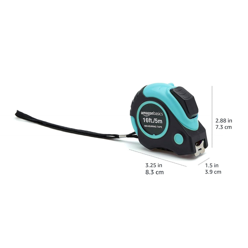 Amazon Basics Retractable Tape Measure with Metric and SAE Measurements, 16 ft / 192 in, Turquoise