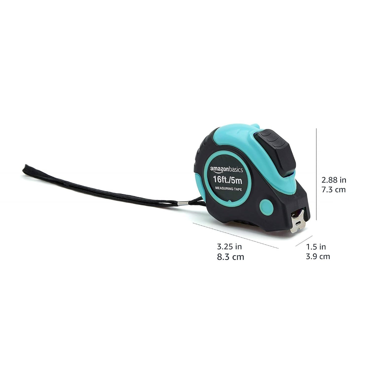 Amazon Basics Retractable Tape Measure with Metric and SAE Measurements, 16 ft / 192 in, Turquoise