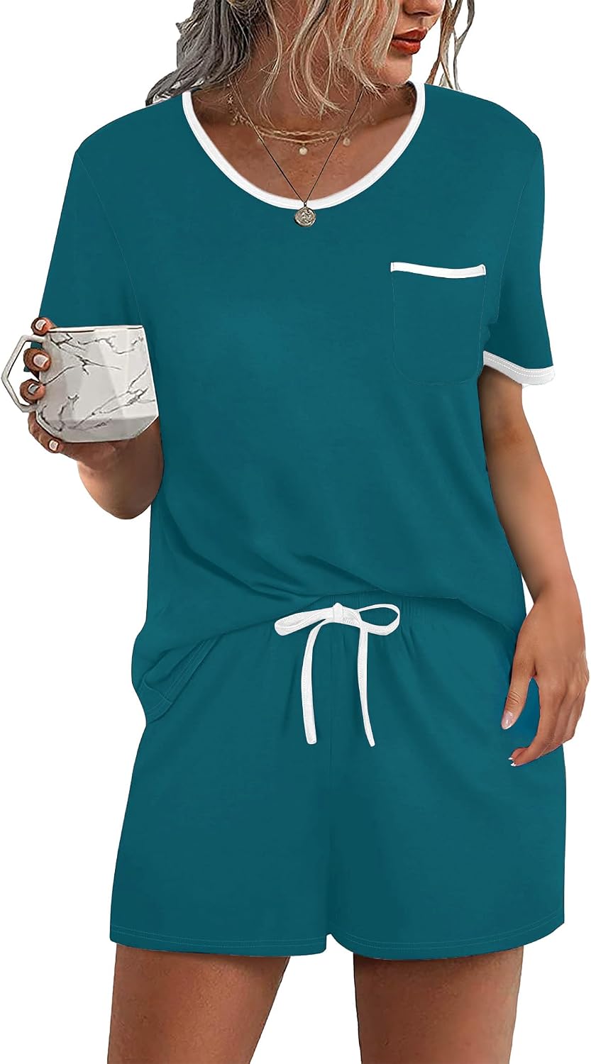 Ekouaer Pajamas for Womens Set 2 Piece Soft Sleepwear, Chest Pocket | Comfy Pjs, Casual Lounge Set, Short Sleeve Tops and Drawstring Shorts, Loungewear for Spring Summer Fall Winter